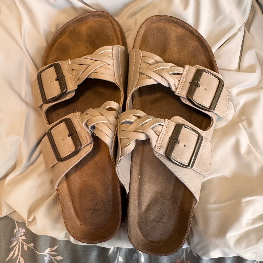 Women’s Braided Double-Buckle Slide Sandals in Beige